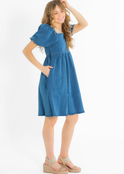 Jack Square Neck Puff Sleeve Denim Midi Dress FF Dresses