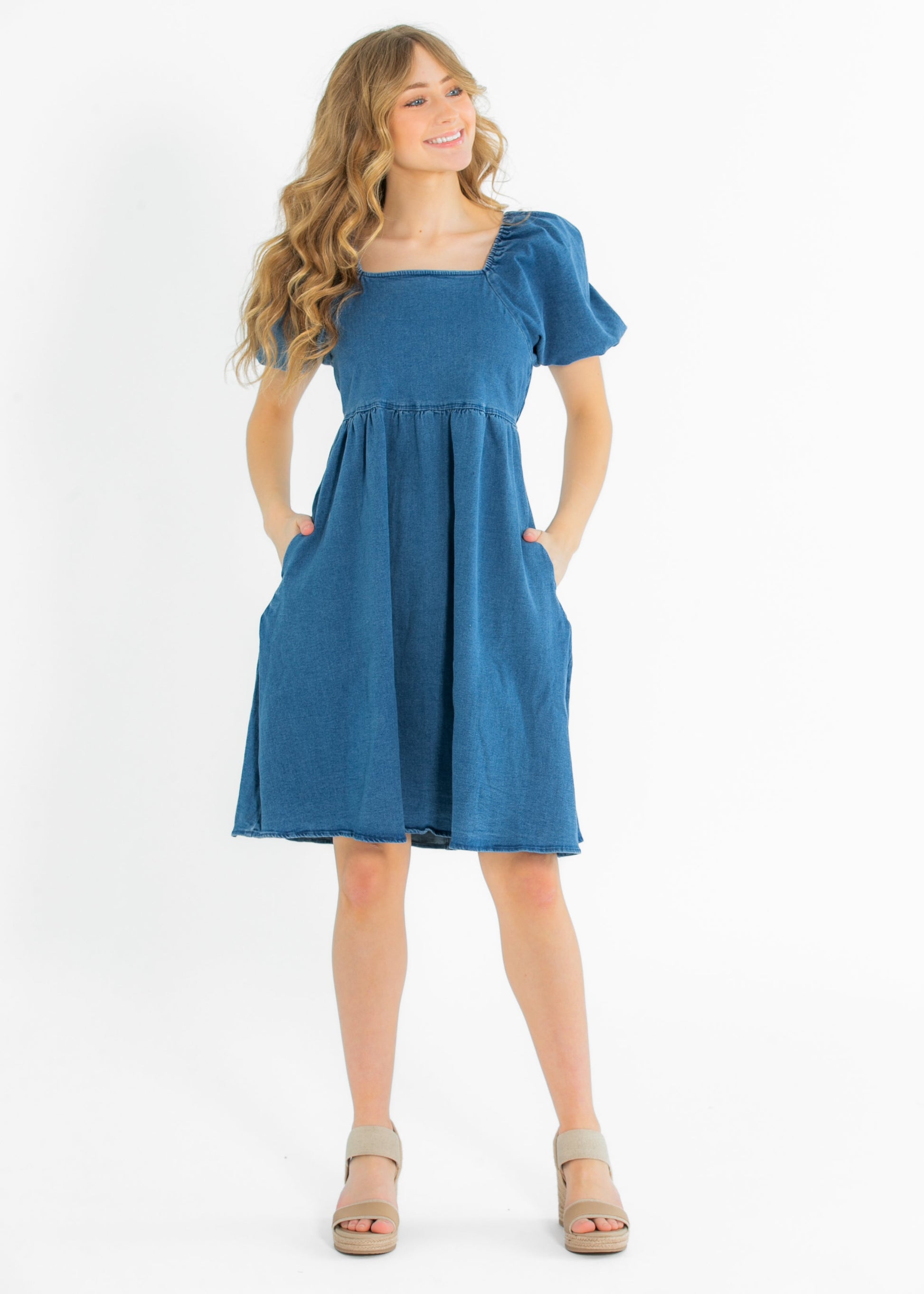 Jack Square Neck Puff Sleeve Denim Midi Dress FF Dresses