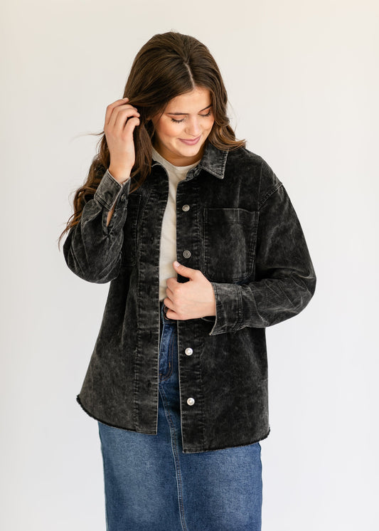 Jackson Washed Black Corduroy Shacket FF Tops