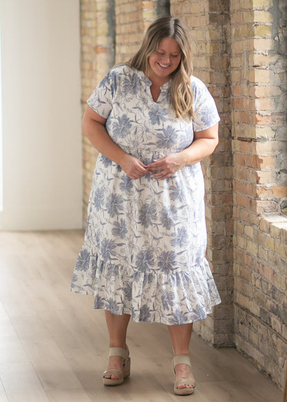 Jaydrien Blue Floral Short Sleeve Midi Dress IC Dresses