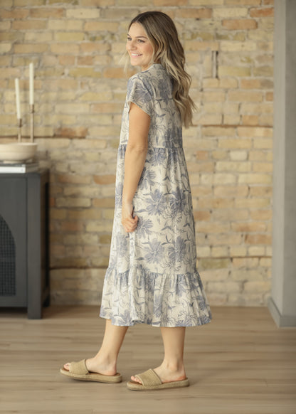 Jaydrien Blue Floral Short Sleeve Midi Dress IC Dresses