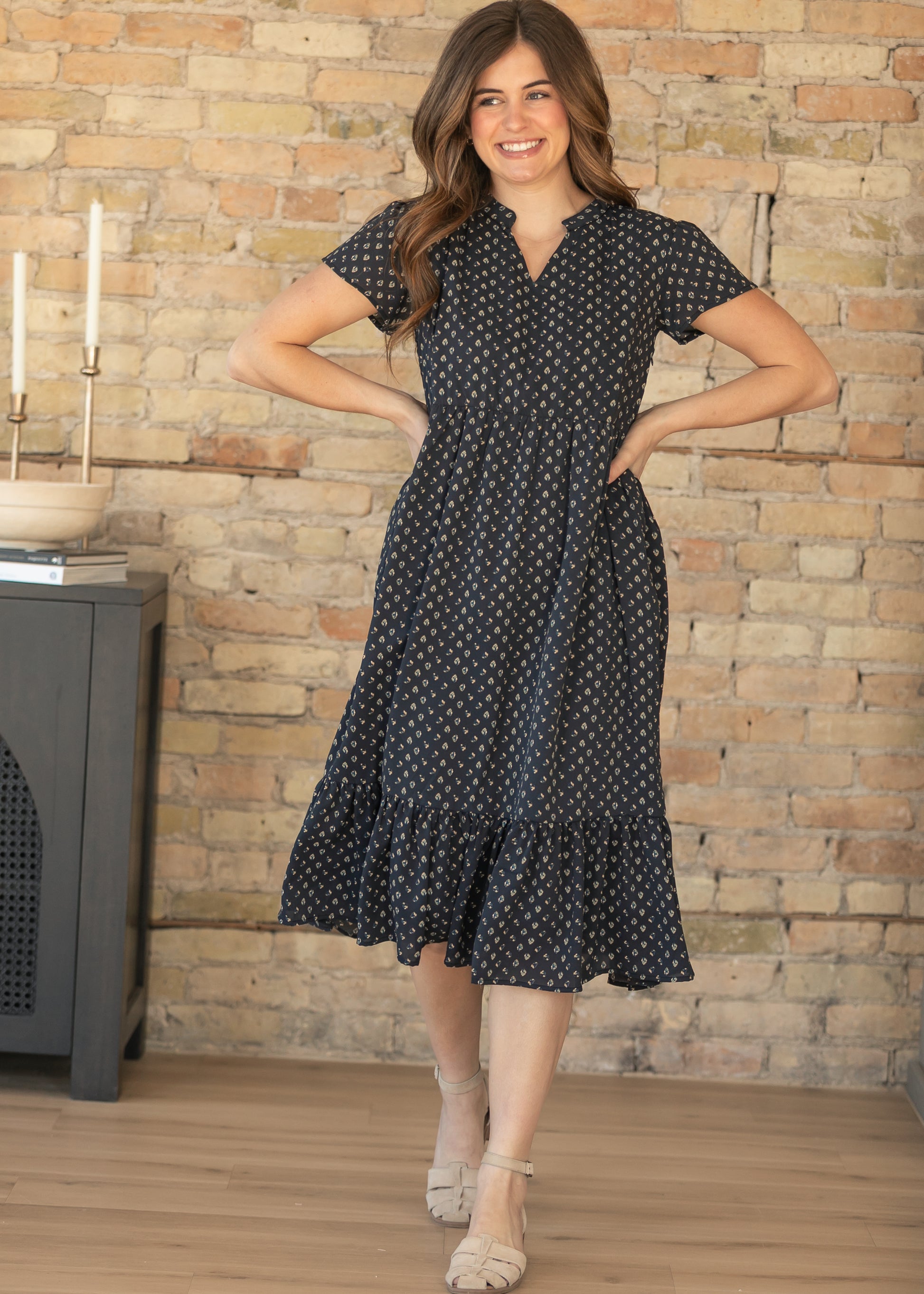 Jaydrien Navy Short Sleeve Midi Dress IC Dresses