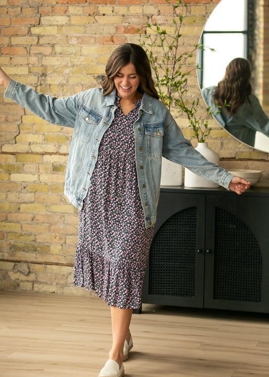 Jaydrien Pink Floral Short Sleeve Midi Dress IC Dresses