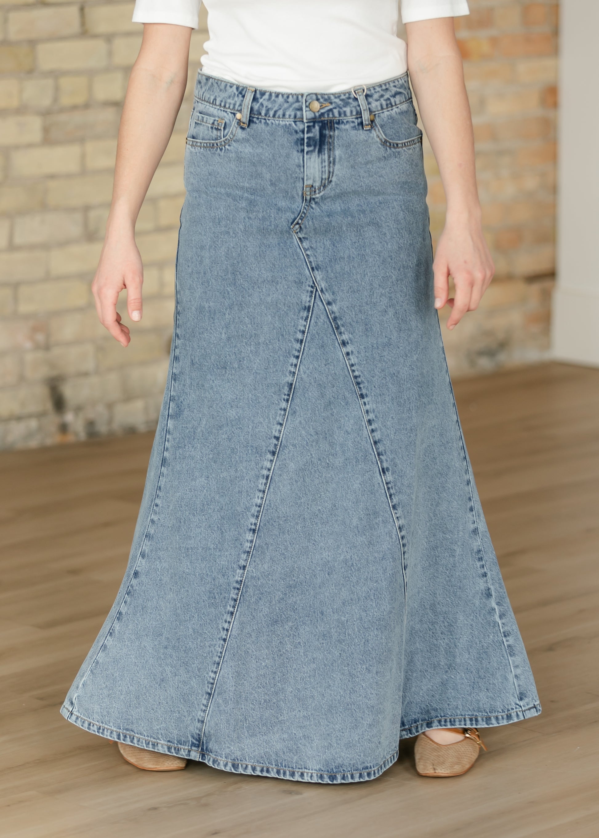 Jennifer Medium Wash A-Line Long Denim Skirt IC Skirts