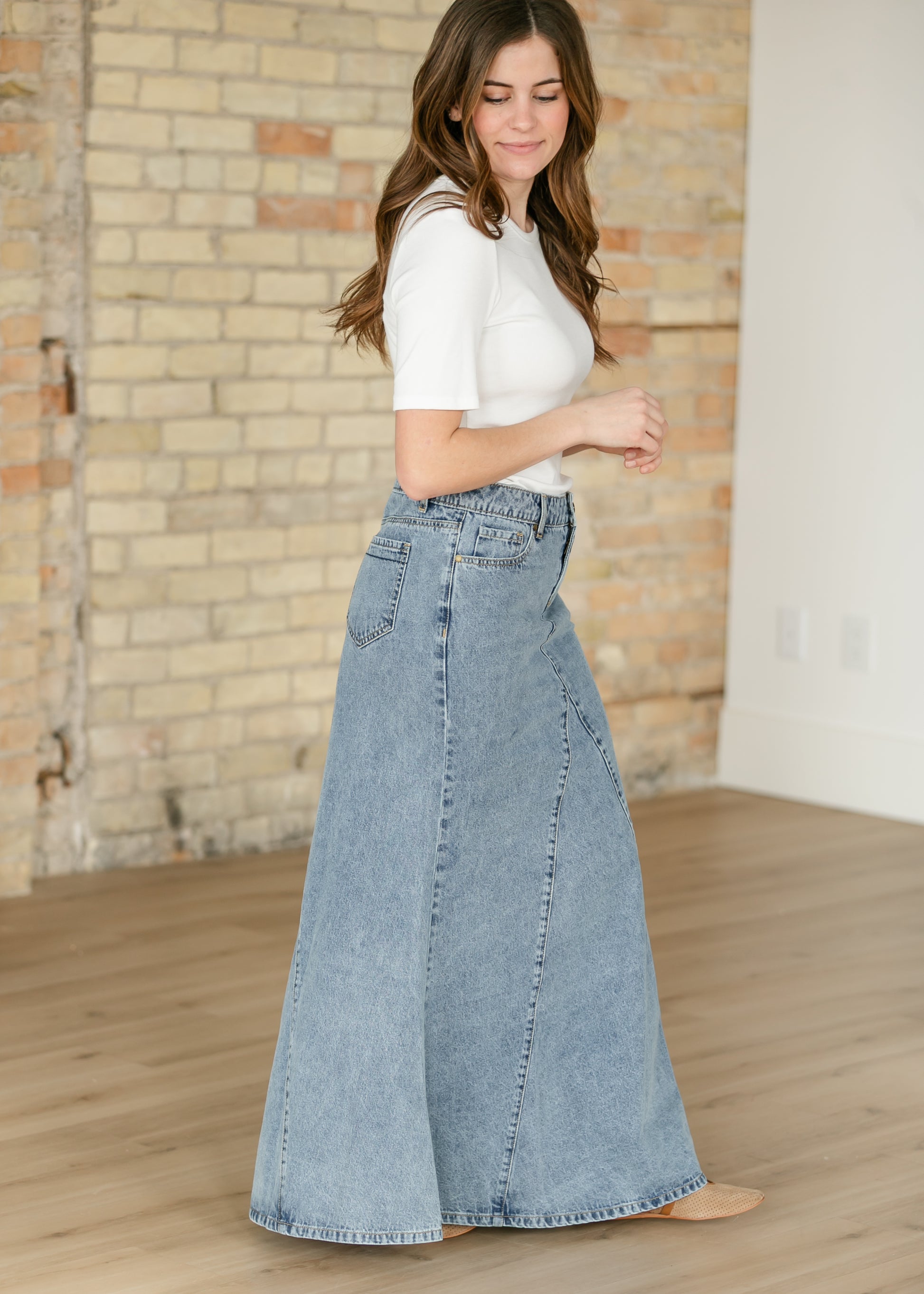 Jennifer Medium Wash A-Line Long Denim Skirt IC Skirts