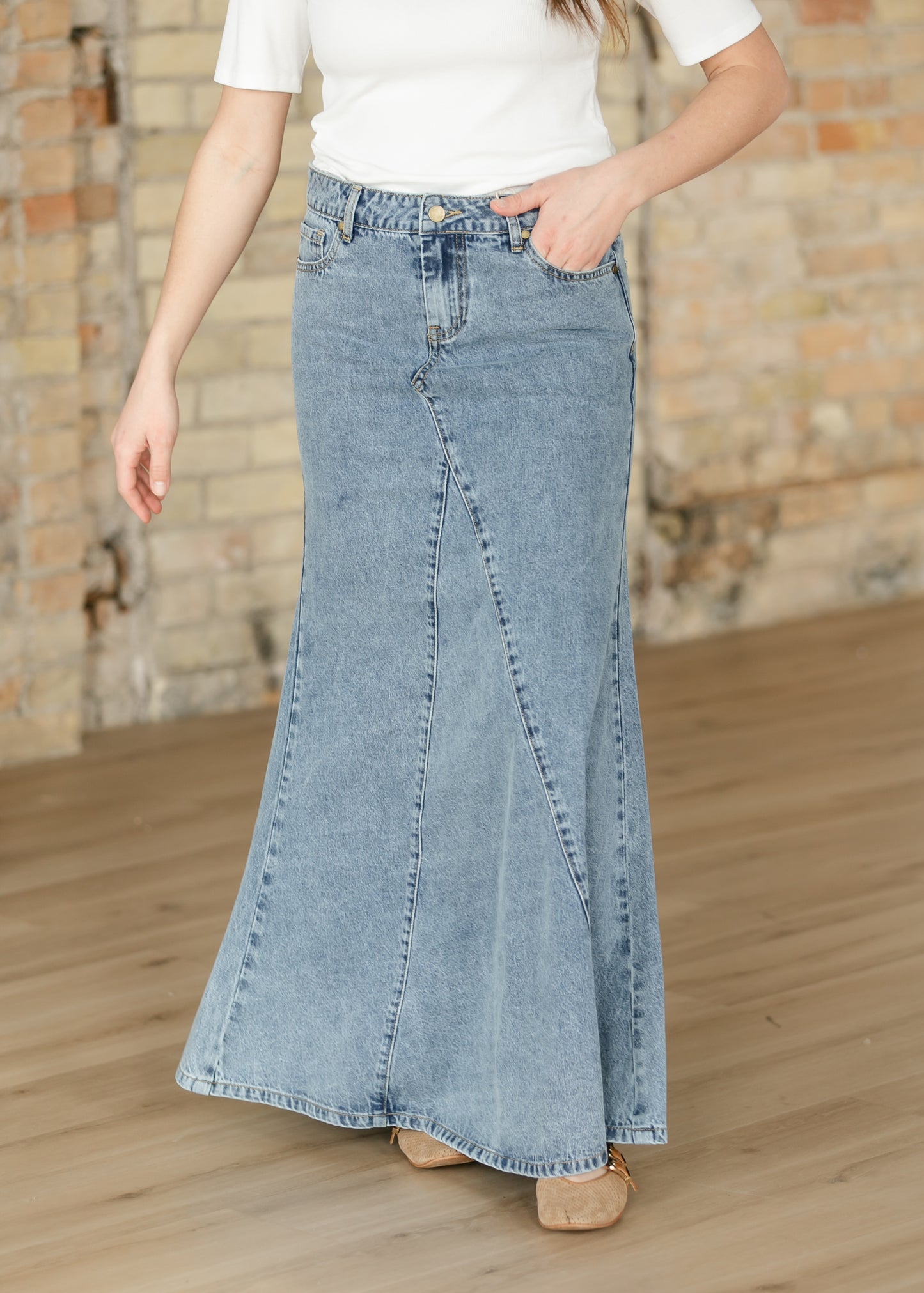 Jennifer Medium Wash A-Line Long Denim Skirt IC Skirts