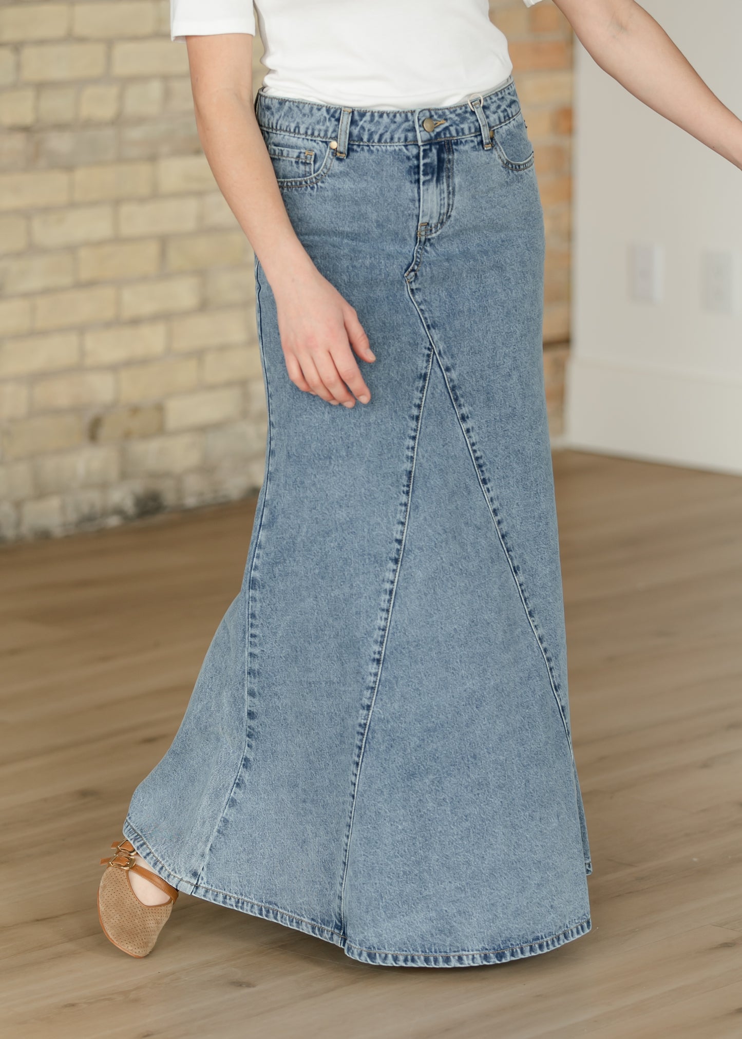 Jennifer Medium Wash A-Line Long Denim Skirt IC Skirts
