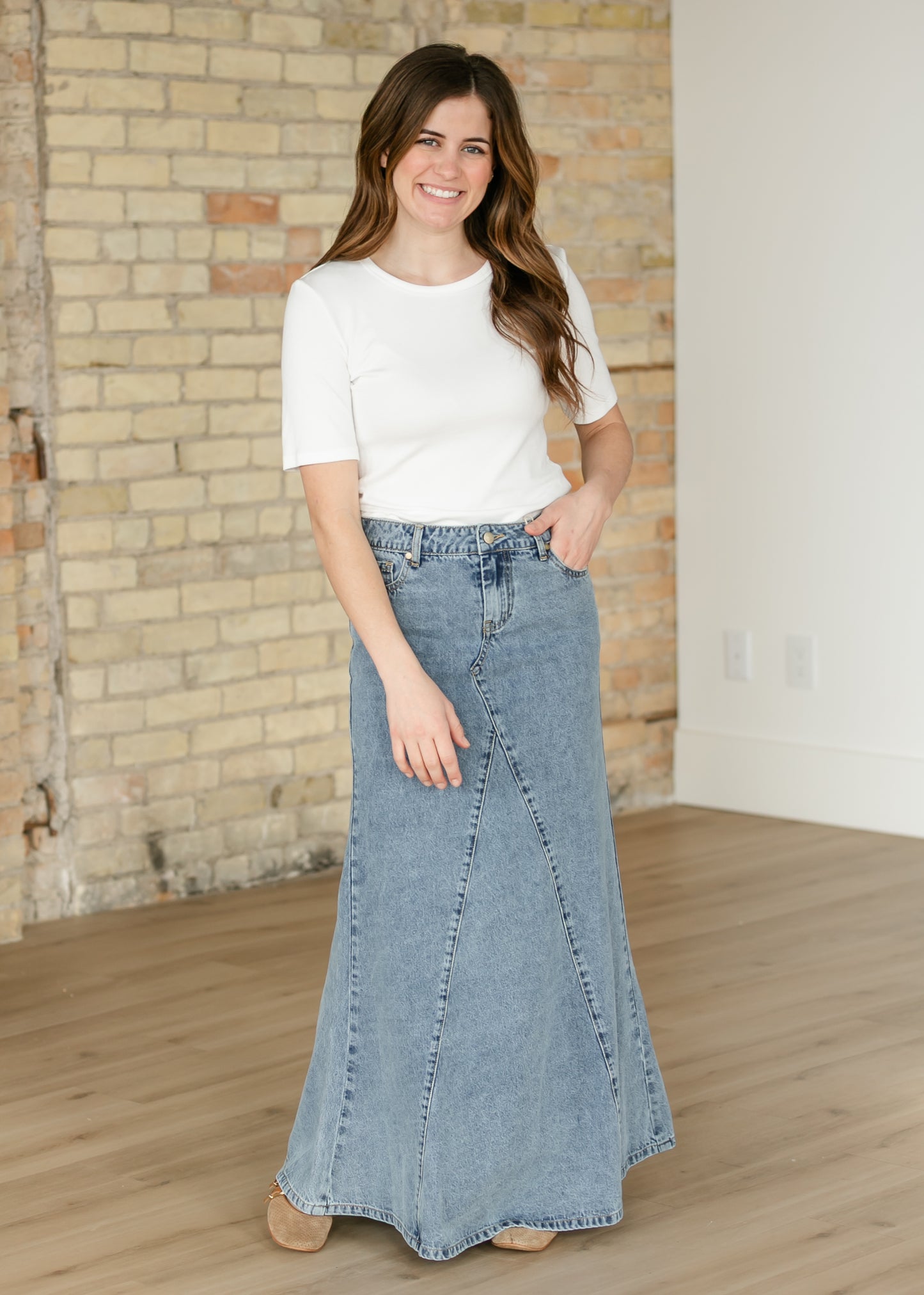 Jennifer Medium Wash A-Line Long Denim Skirt IC Skirts
