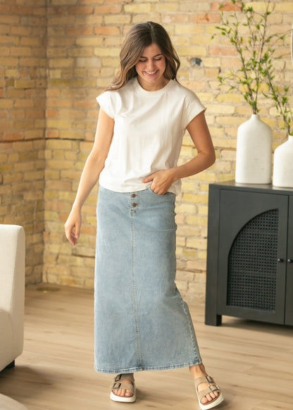 Jessa A-line Denim Maxi Skirt FF Skirts