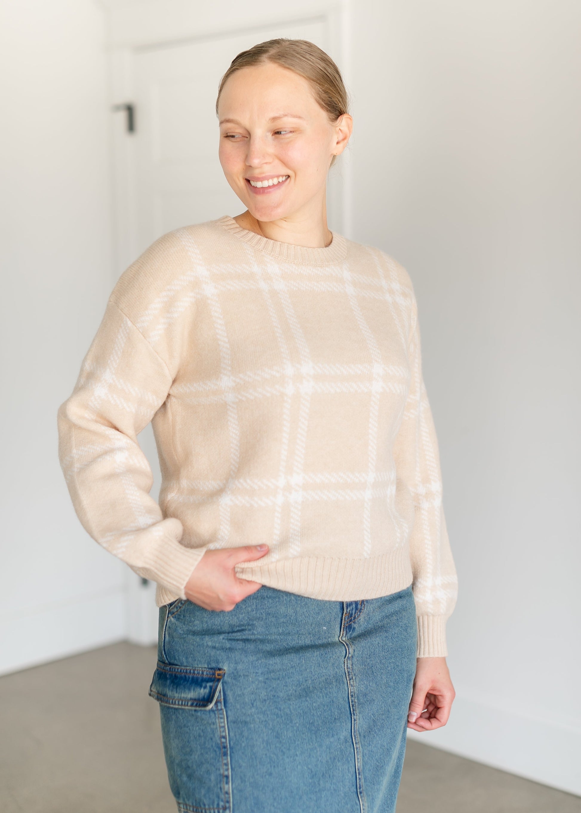 Jolene Drop Shoulder Plaid Sweater FF Tops