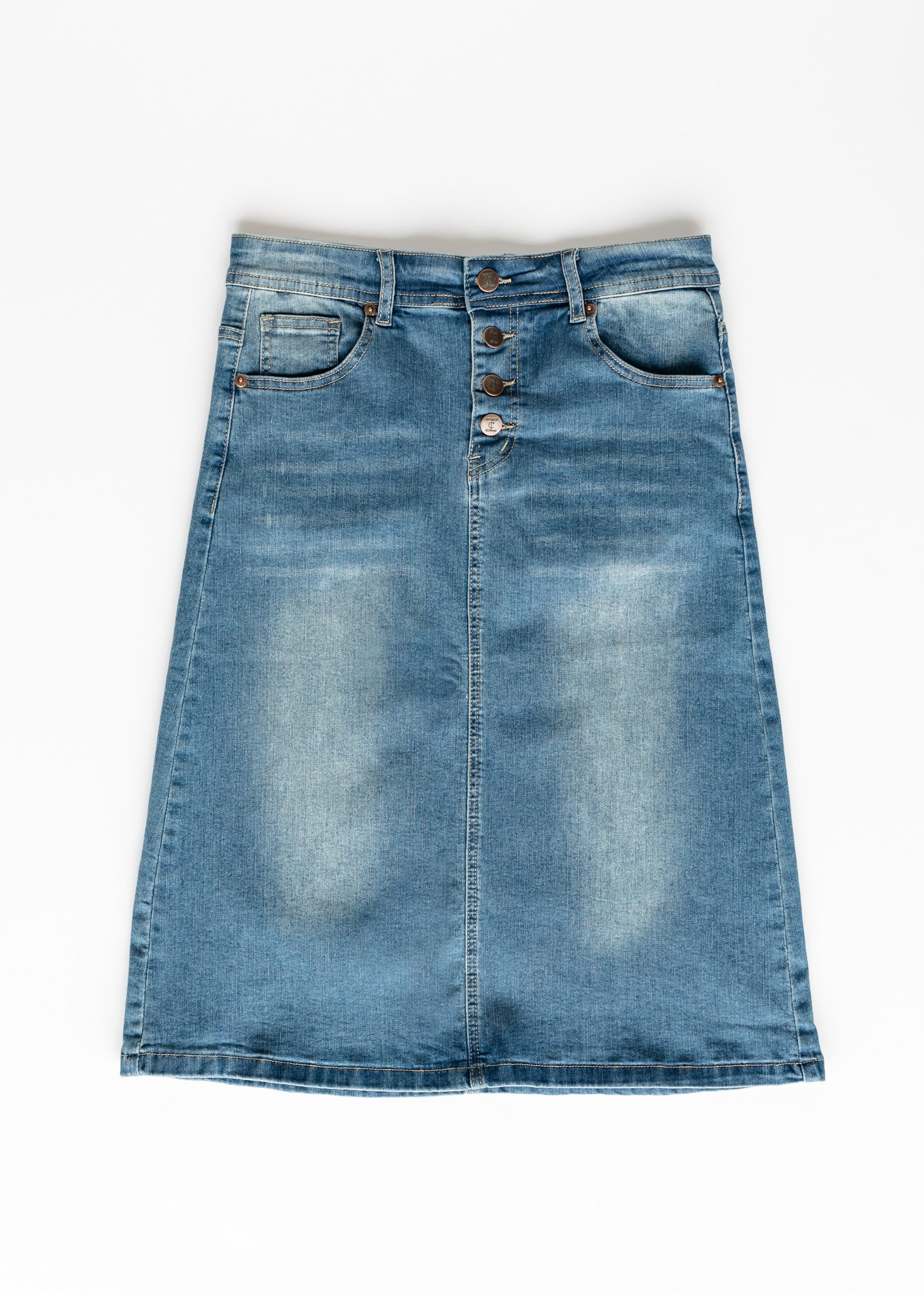 Josie Vintage Wash Button Front Midi Denim Skirt Skirts