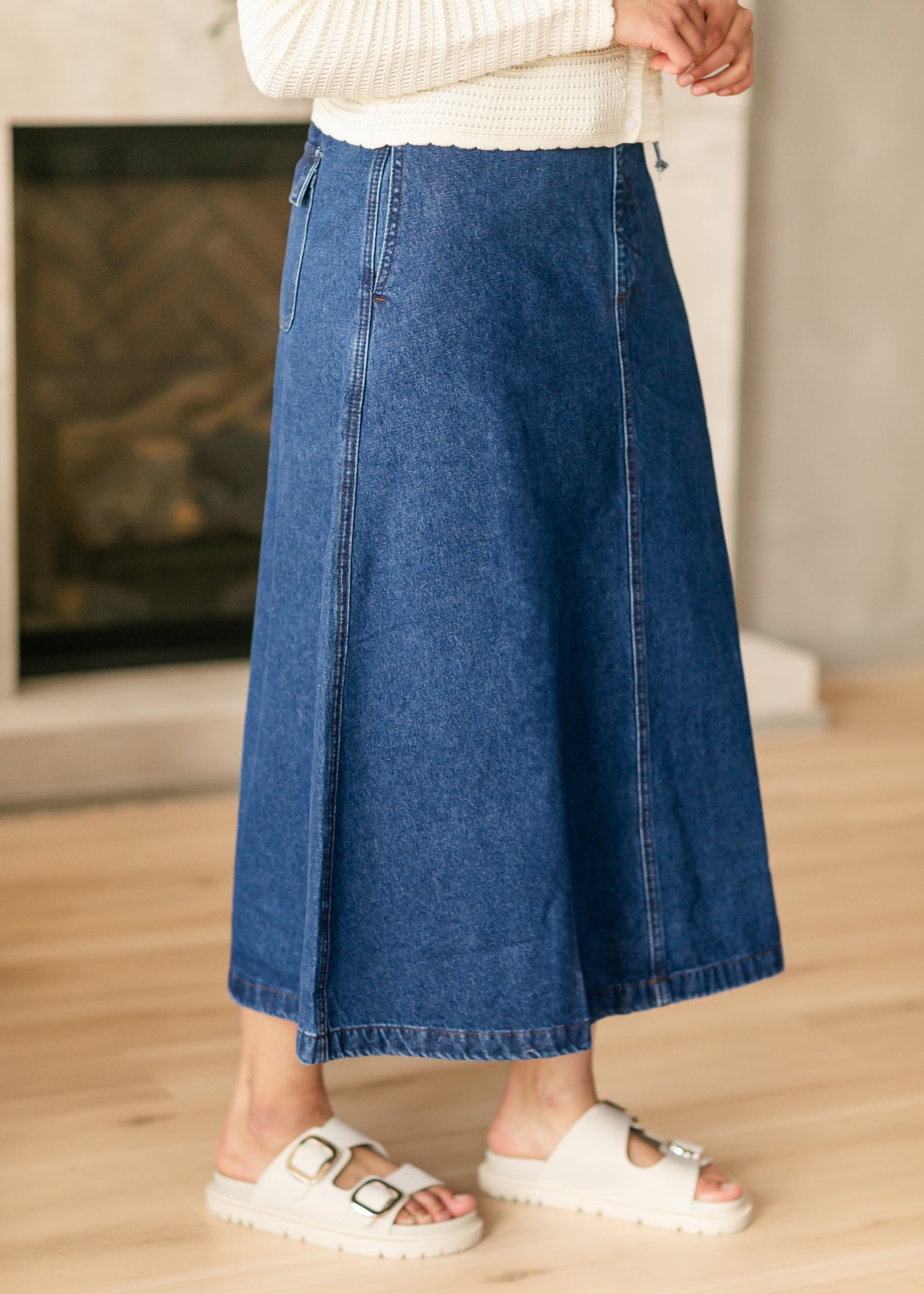 Karly Drawstring Denim Midi Skirt FF Skirts