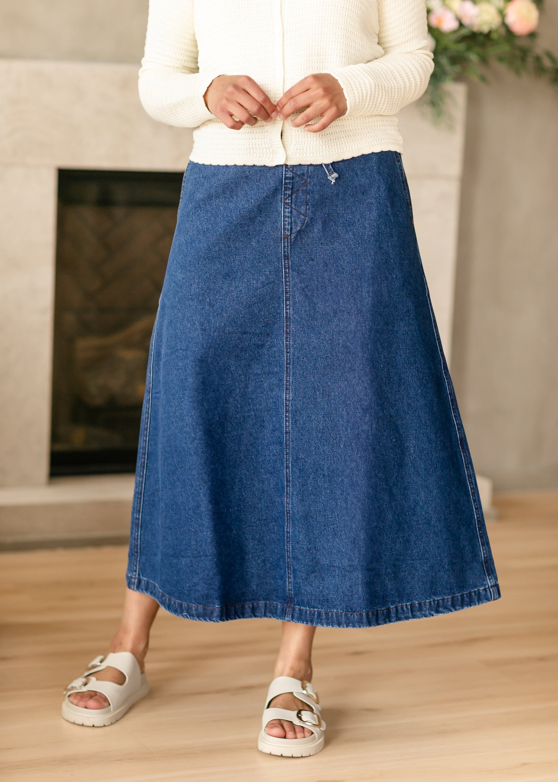 Karly Drawstring Denim Midi Skirt FF Skirts