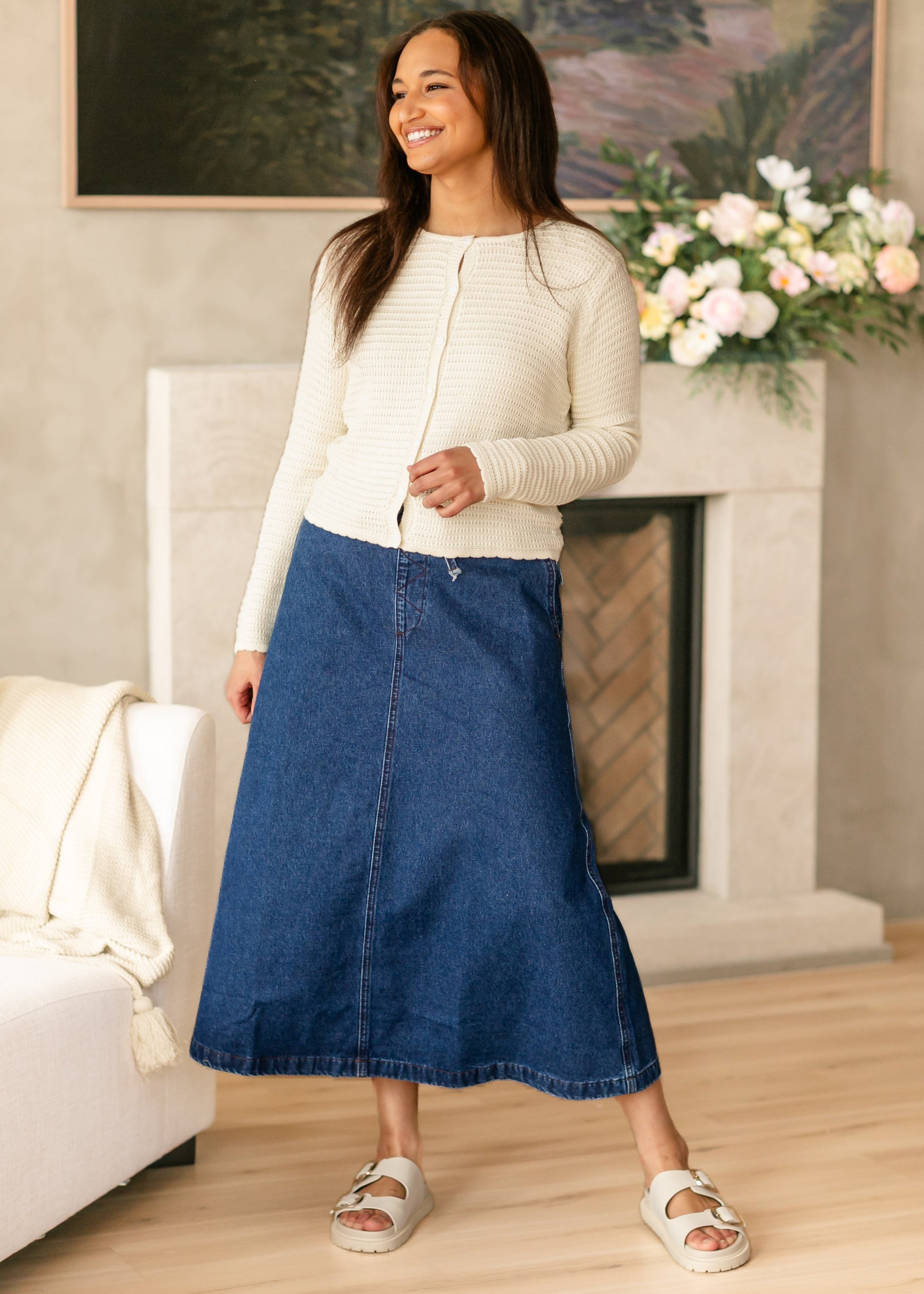 Karly Drawstring Denim Midi Skirt FF Skirts