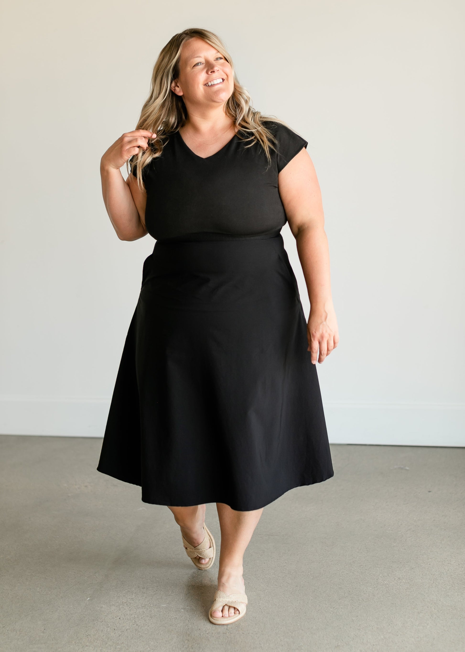 Kate Cap Sleeve Black Midi Dress Dresses