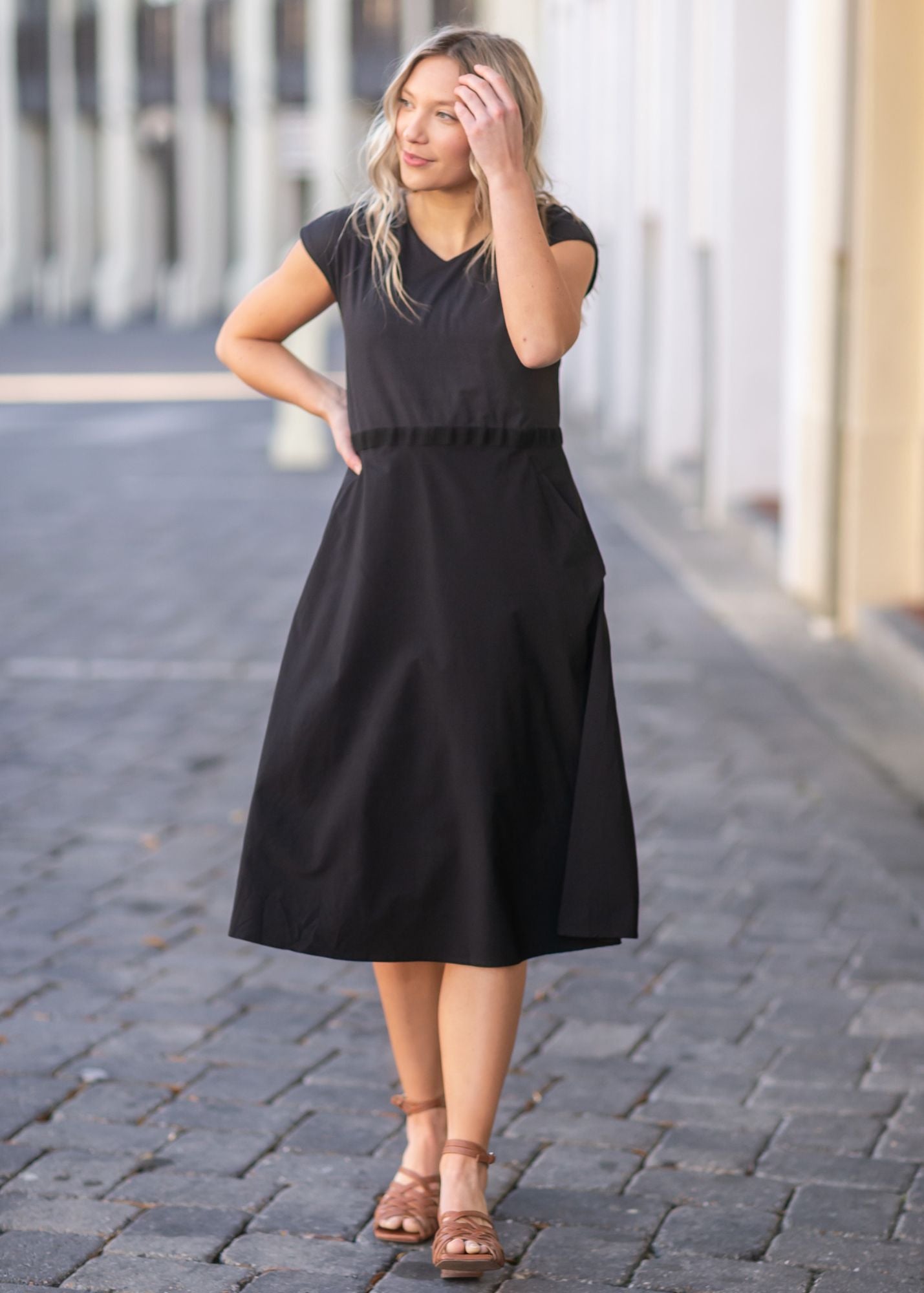 knee length dresses for ladies Black V Neck Smocked Waist Cap Sleeve Midi Dress main image 1