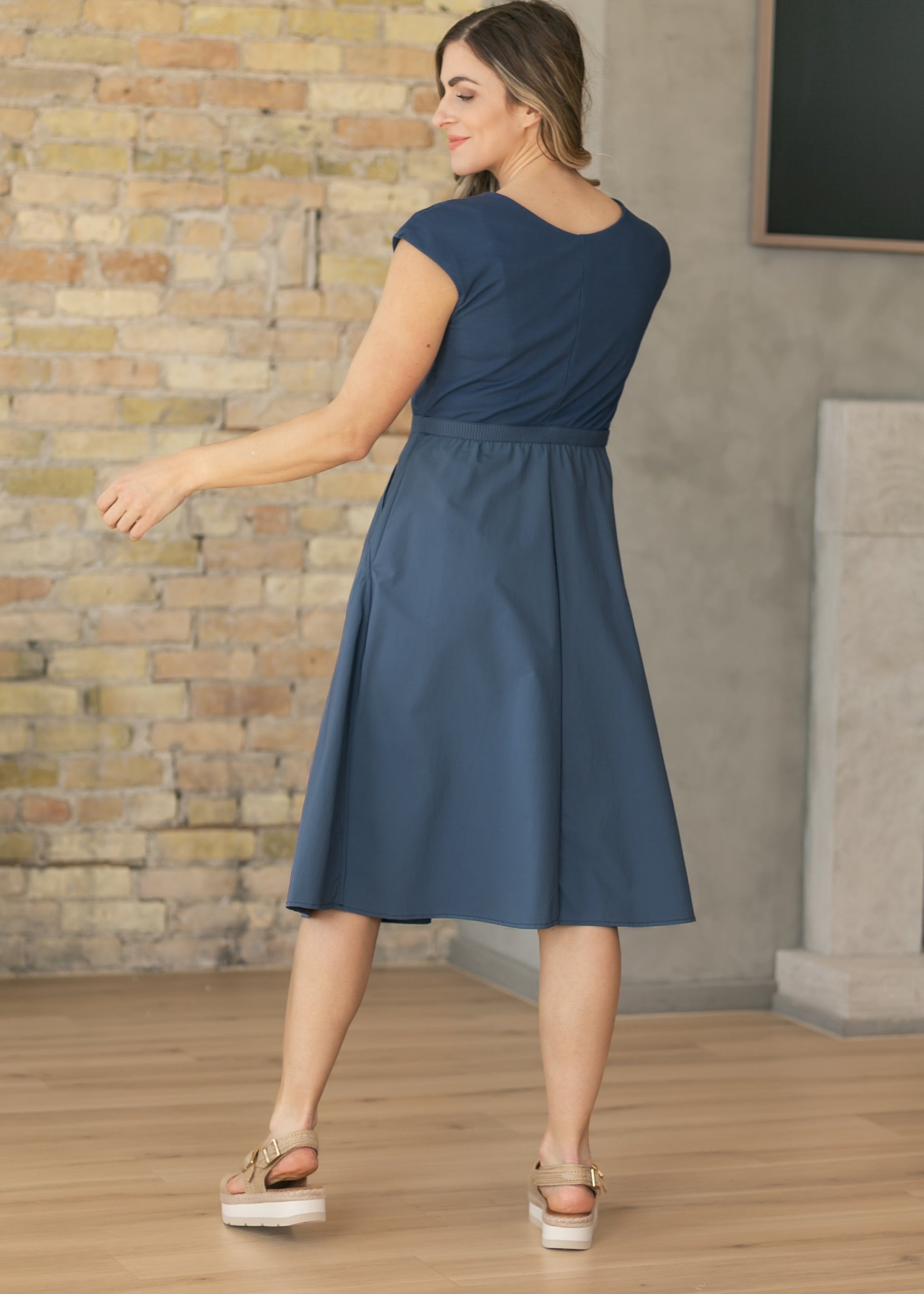 dusty blue midi dress with sleeves Serena Swiss Dot Dusty Blue Midi Dress Large