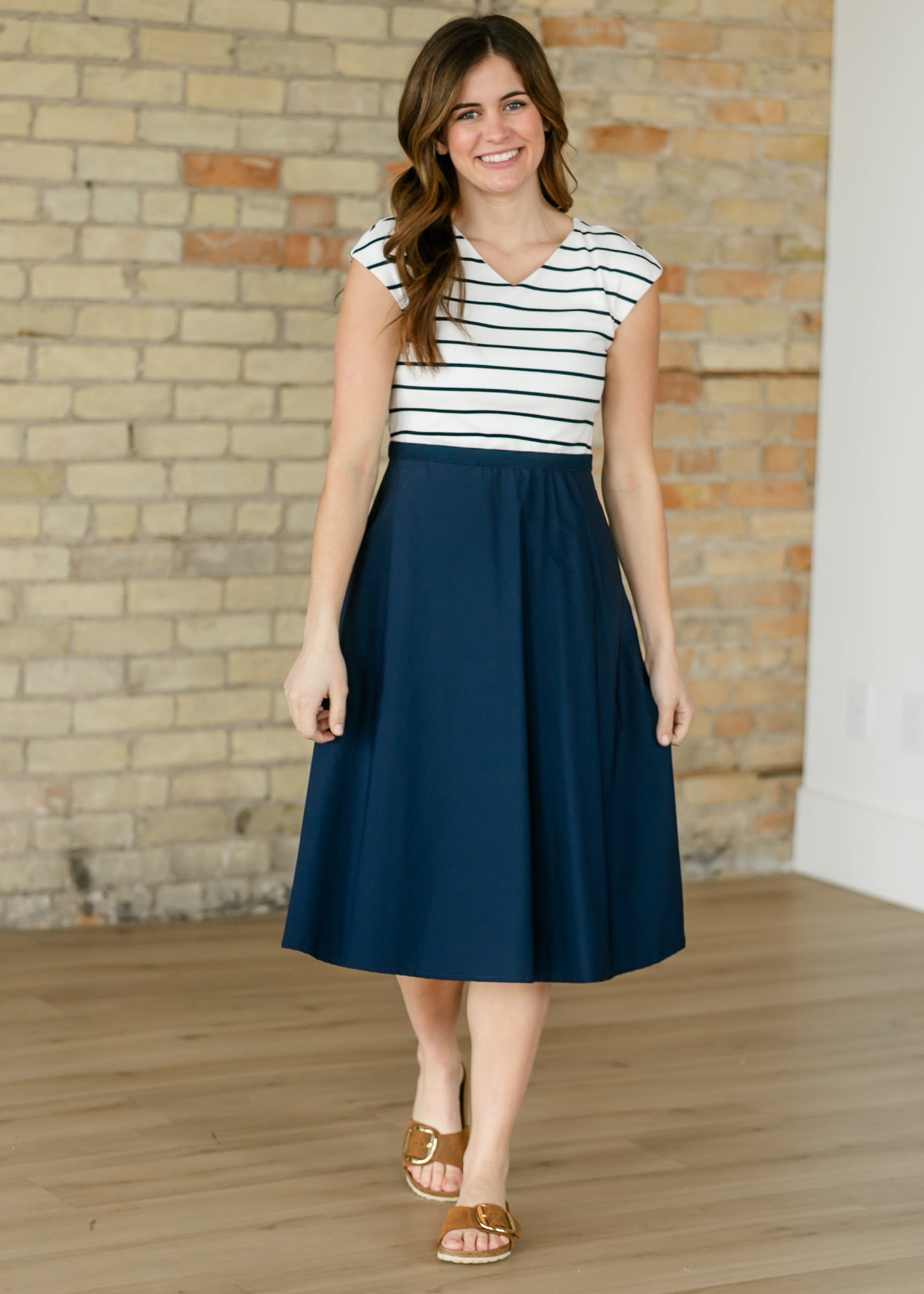 Kate Navy Stripe Cap Sleeve Midi Dress  Inherit Co.