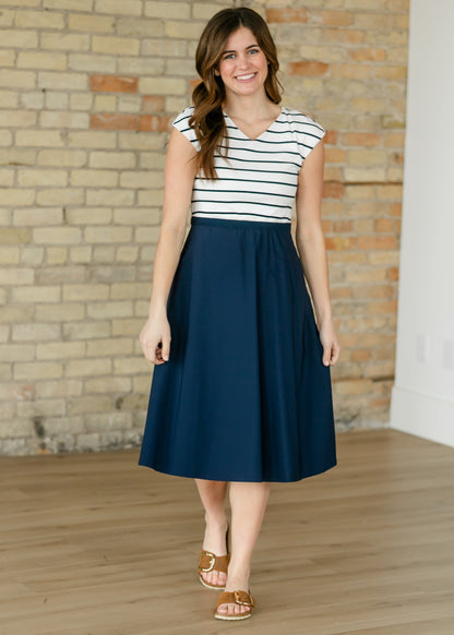 Kate Navy Stripe Cap Sleeve Midi Dress IC Dresses