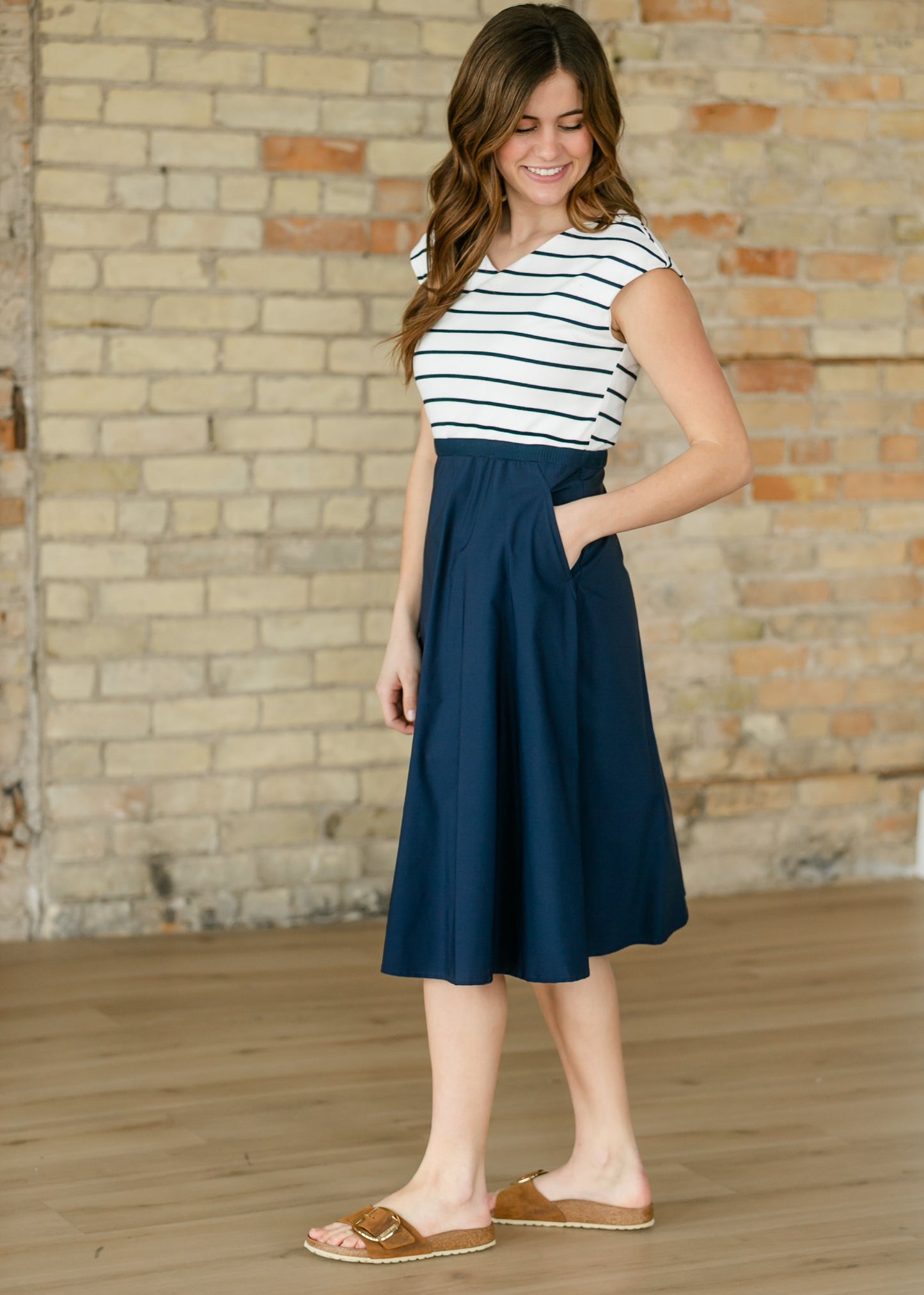 Kate Navy Stripe Cap Sleeve Midi Dress IC Dresses