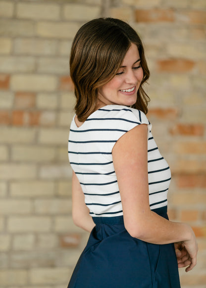 Kate Navy Stripe Cap Sleeve Midi Dress IC Dresses