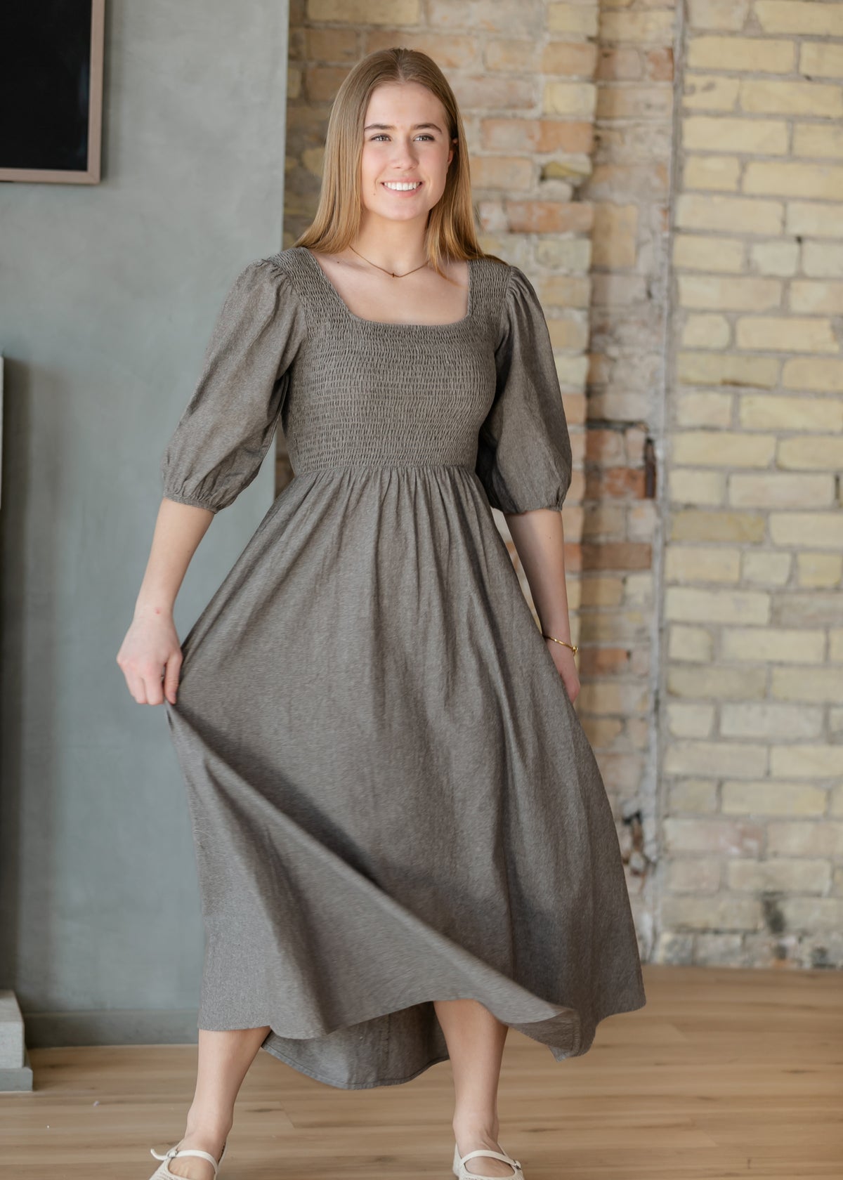 Kayleen Brown Chambray Smocked Bodice Maxi Dress IC Dresses