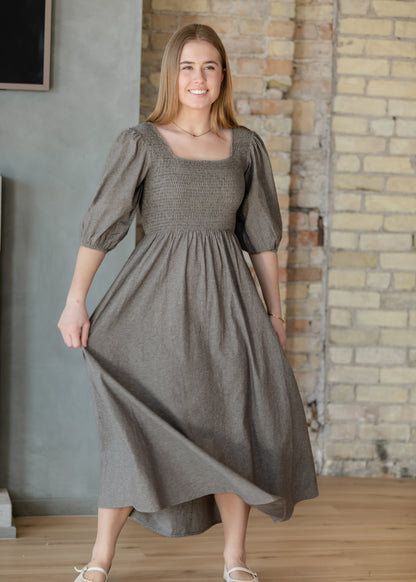 Kayleen Brown Chambray Smocked Bodice Maxi Dress IC Dresses