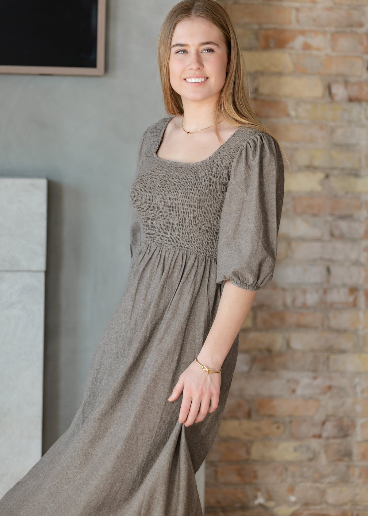 Kayleen Brown Chambray Smocked Bodice Maxi Dress IC Dresses