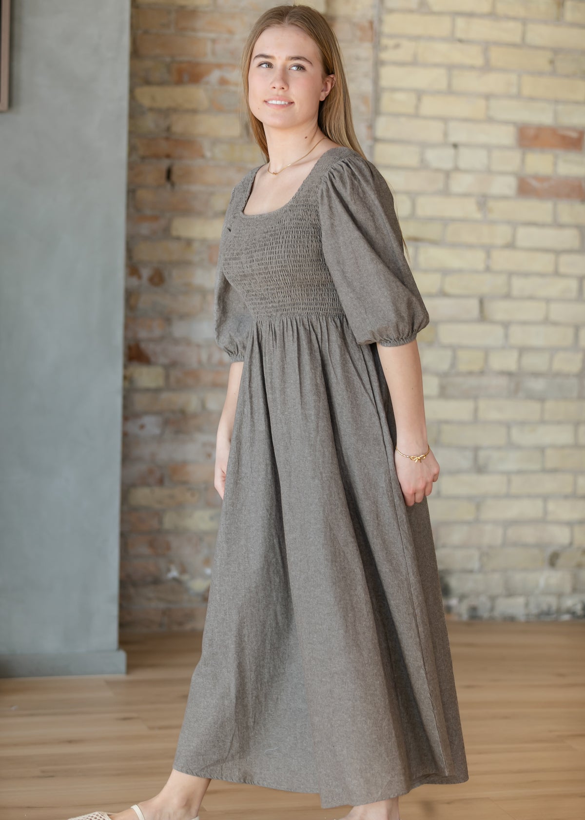 Kayleen Brown Chambray Smocked Bodice Maxi Dress IC Dresses