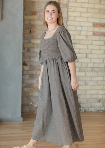 Kayleen Brown Chambray Smocked Bodice Maxi Dress IC Dresses