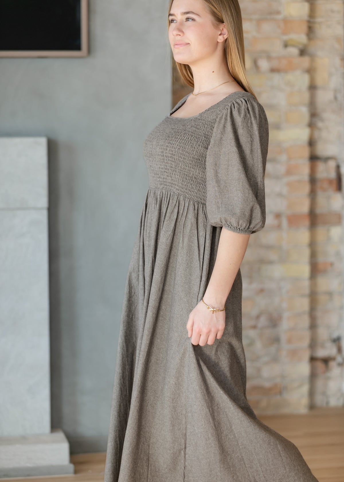 Kayleen Brown Chambray Smocked Bodice Maxi Dress IC Dresses