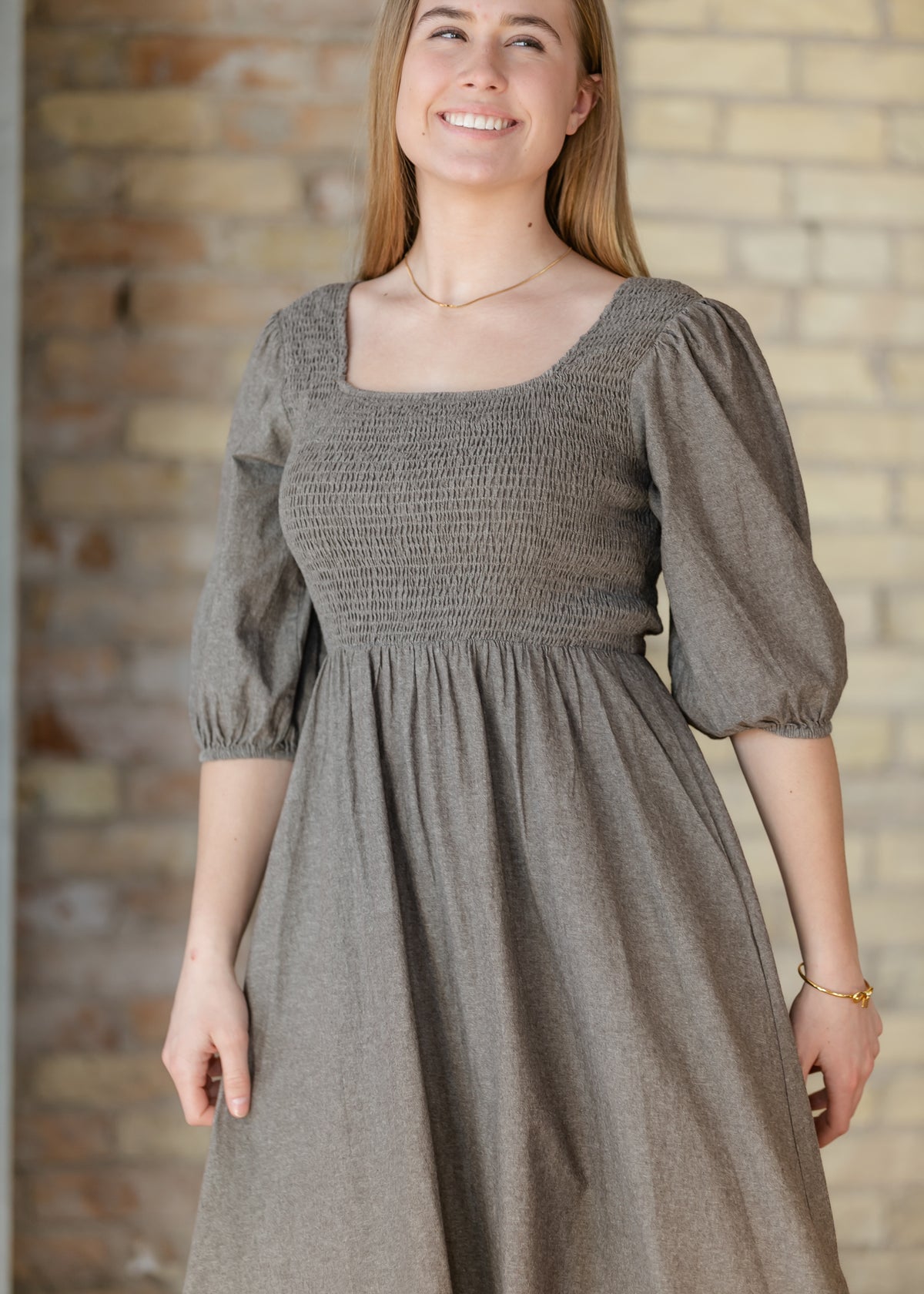 Kayleen Brown Chambray Smocked Bodice Maxi Dress IC Dresses