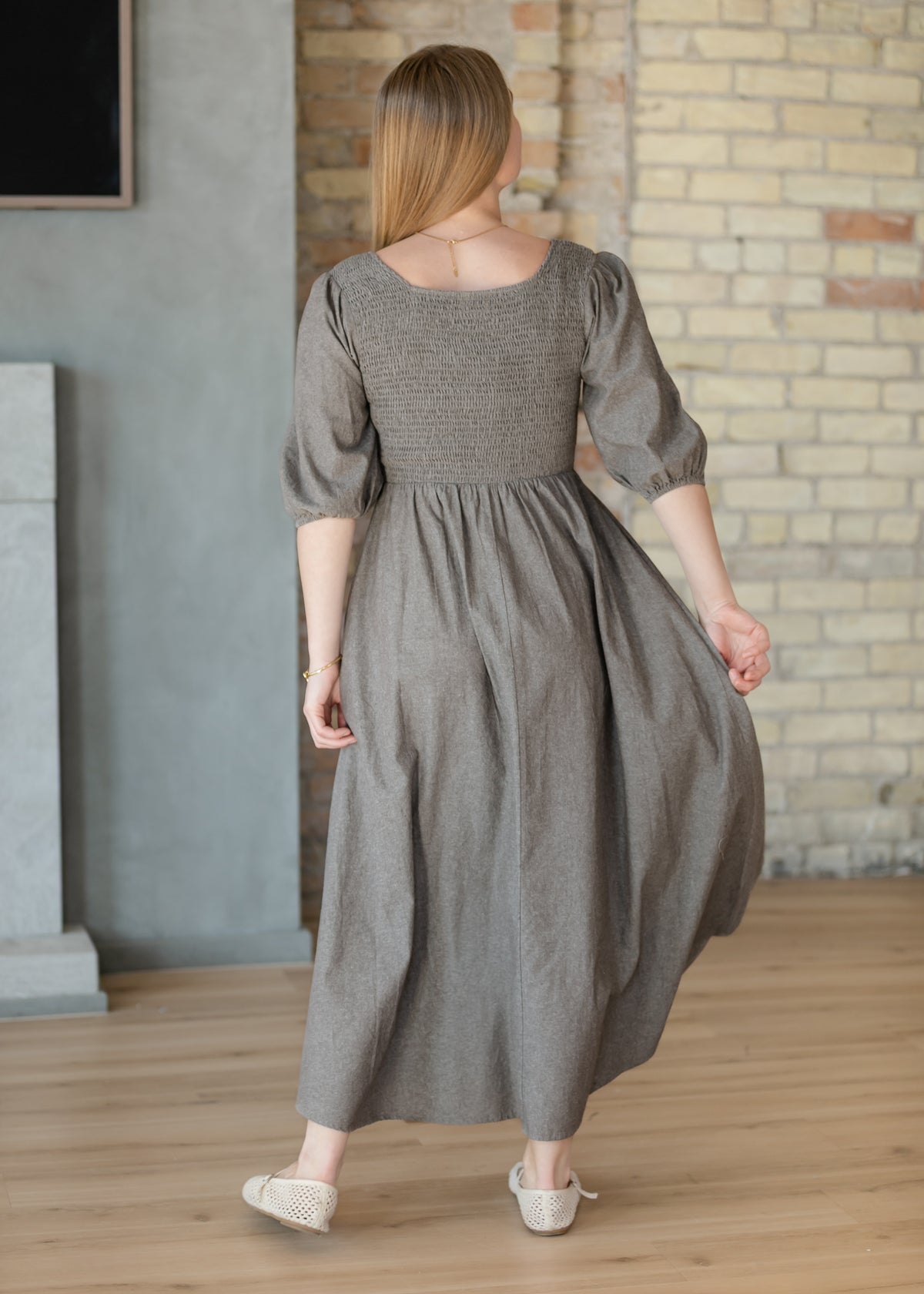 Kayleen Brown Chambray Smocked Bodice Maxi Dress IC Dresses