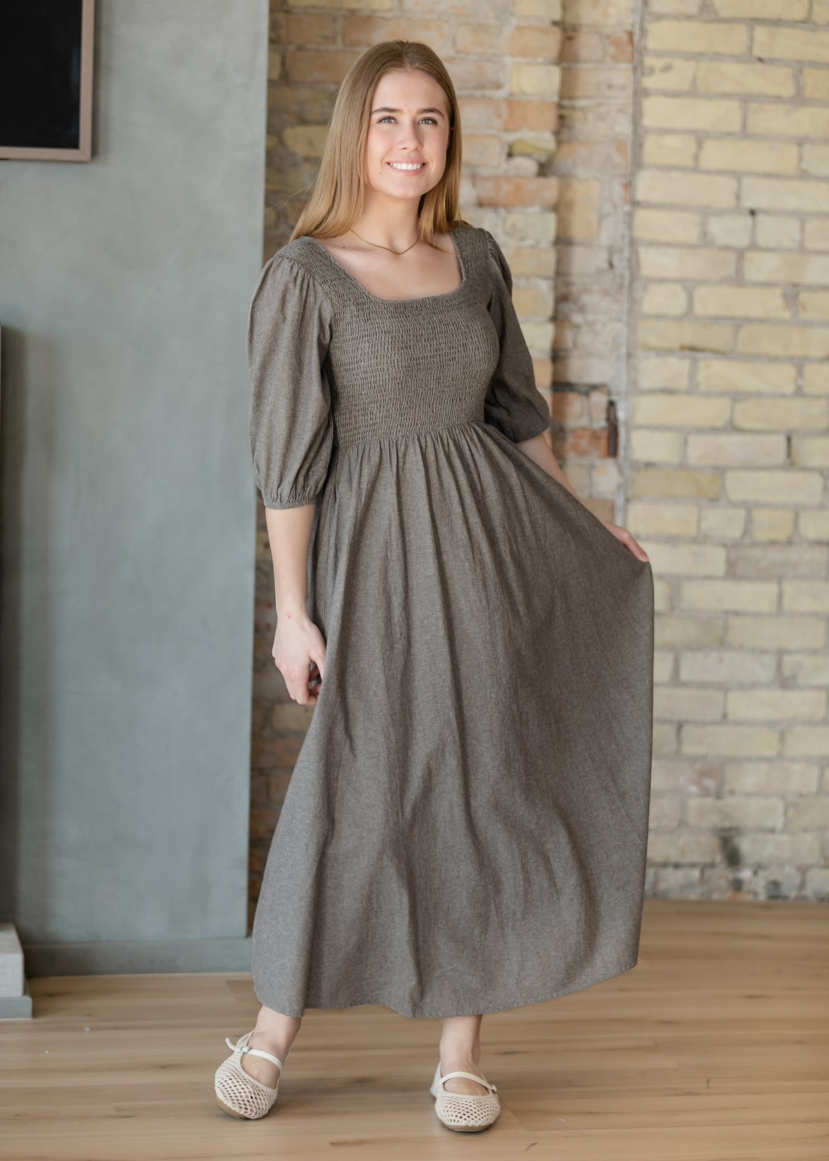 Kayleen Brown Chambray Smocked Bodice Maxi Dress IC Dresses