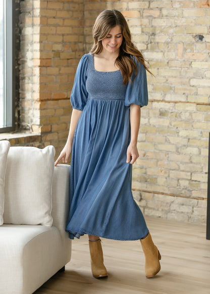 Kayleen Chambray Smocked Bodice Maxi Dress IC Dresses