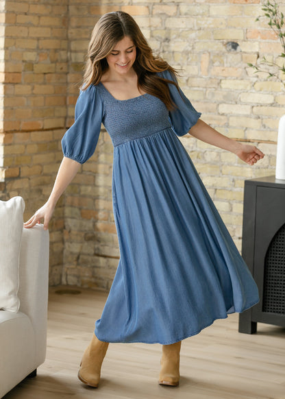 Kayleen Chambray Smocked Bodice Maxi Dress IC Dresses
