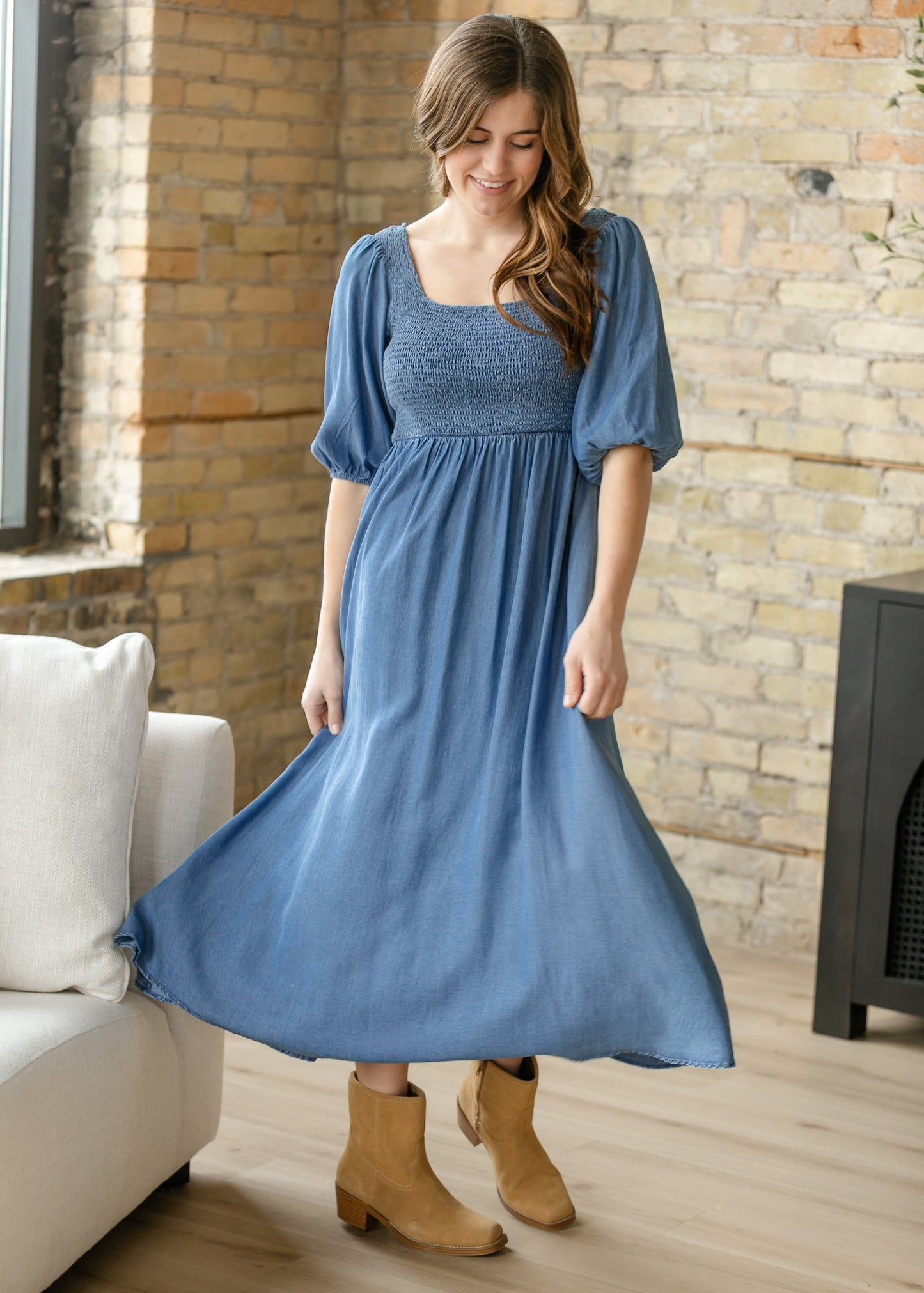 Kayleen Chambray Smocked Bodice Maxi Dress IC Dresses