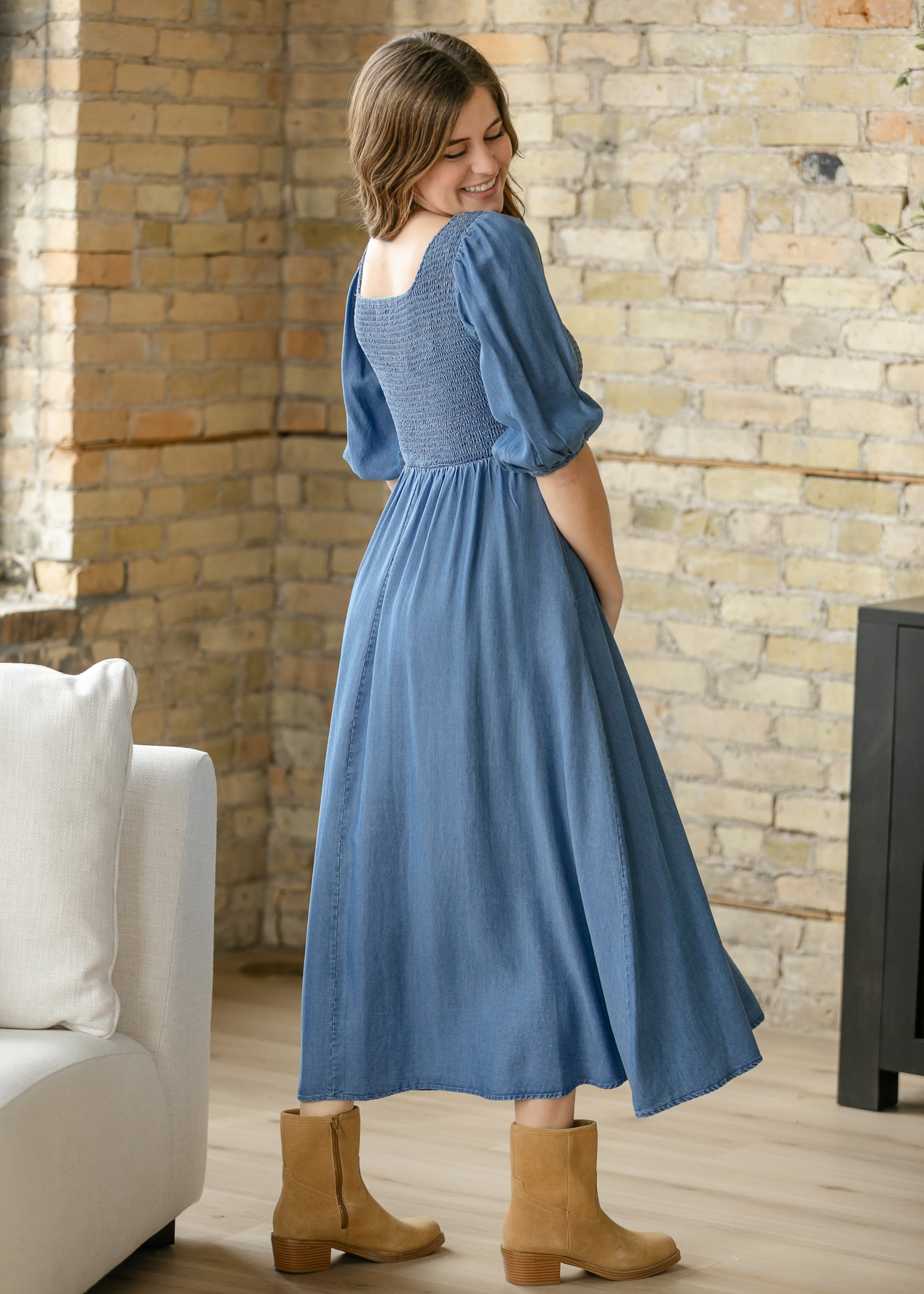 Kayleen Chambray Smocked Bodice Maxi Dress IC Dresses