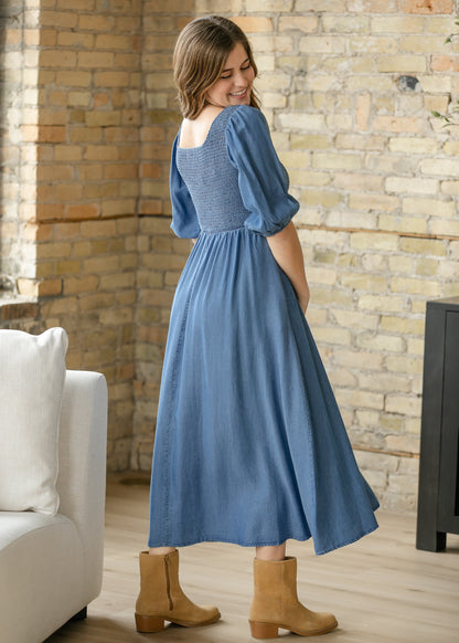 Kayleen Chambray Smocked Bodice Maxi Dress IC Dresses