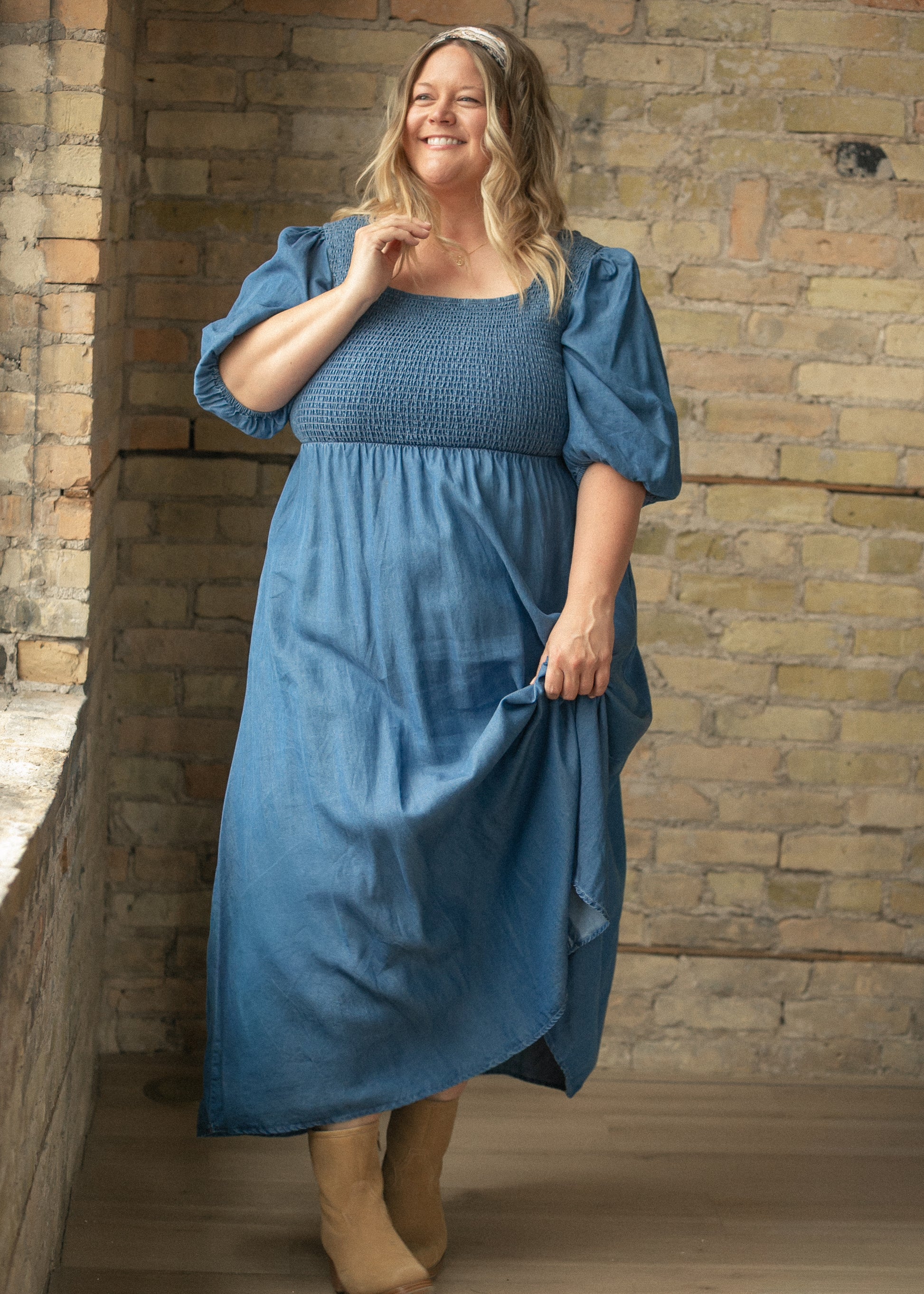 bodice maxi dress Kayleen Chambray Smocked Dress, XX Large and elbow Might Like: Snake Color:Iridescent Violet dress shoes: Shoes for