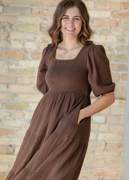 Kayleen Chocolate Gauze Smocked Maxi Dress IC Dresses