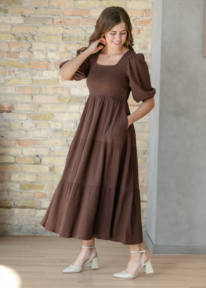 Kayleen Chocolate Gauze Smocked Maxi Dress IC Dresses