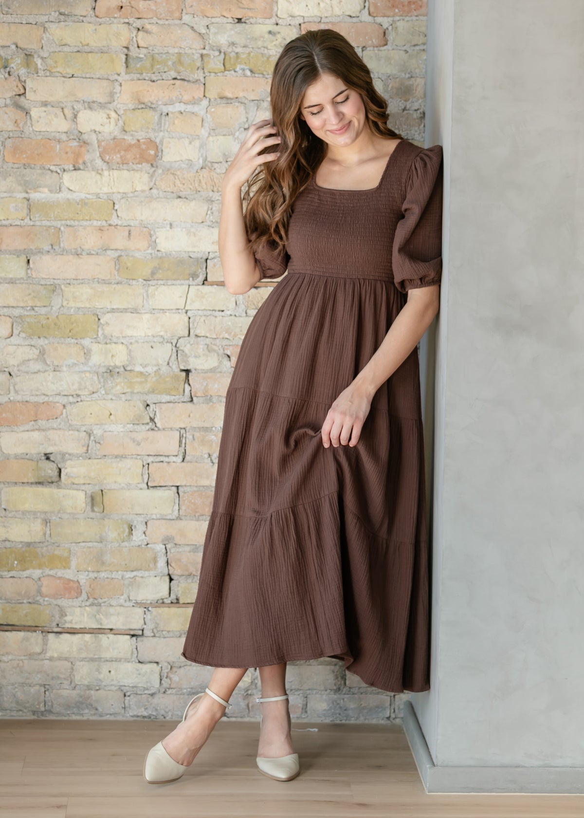 Kayleen Chocolate Gauze Smocked Maxi Dress IC Dresses