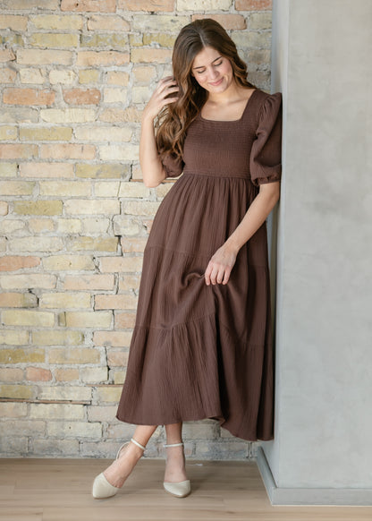 Kayleen Chocolate Gauze Smocked Maxi Dress IC Dresses