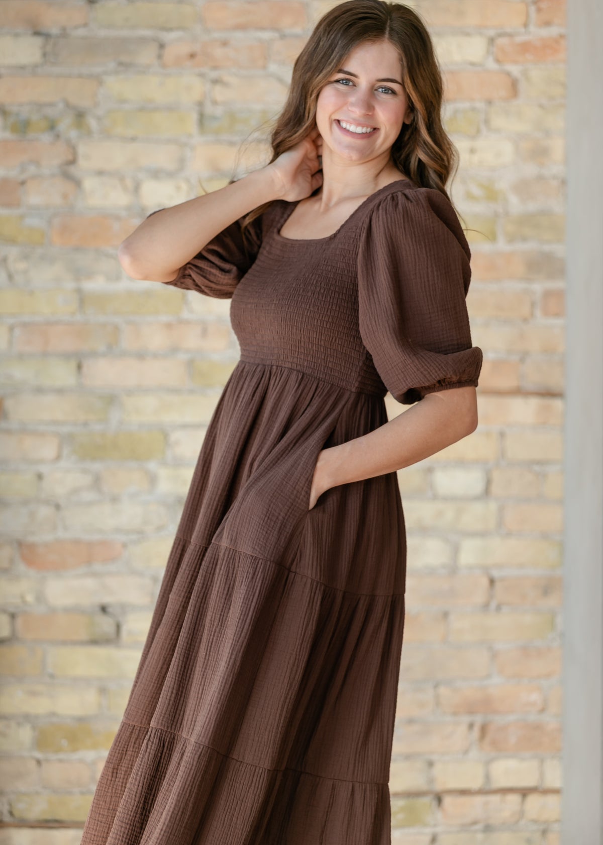 Kayleen Chocolate Gauze Smocked Maxi Dress IC Dresses