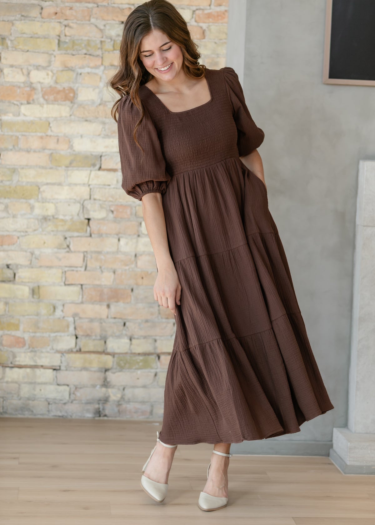 Kayleen Chocolate Gauze Smocked Maxi Dress IC Dresses
