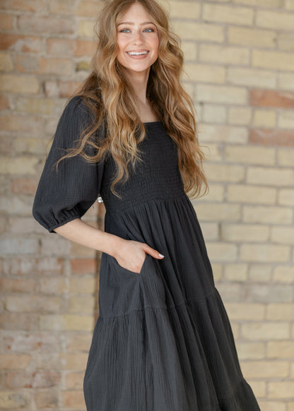 Kayleen Dusty Navy Smocked Bodice Gauze Dress IC Dresses
