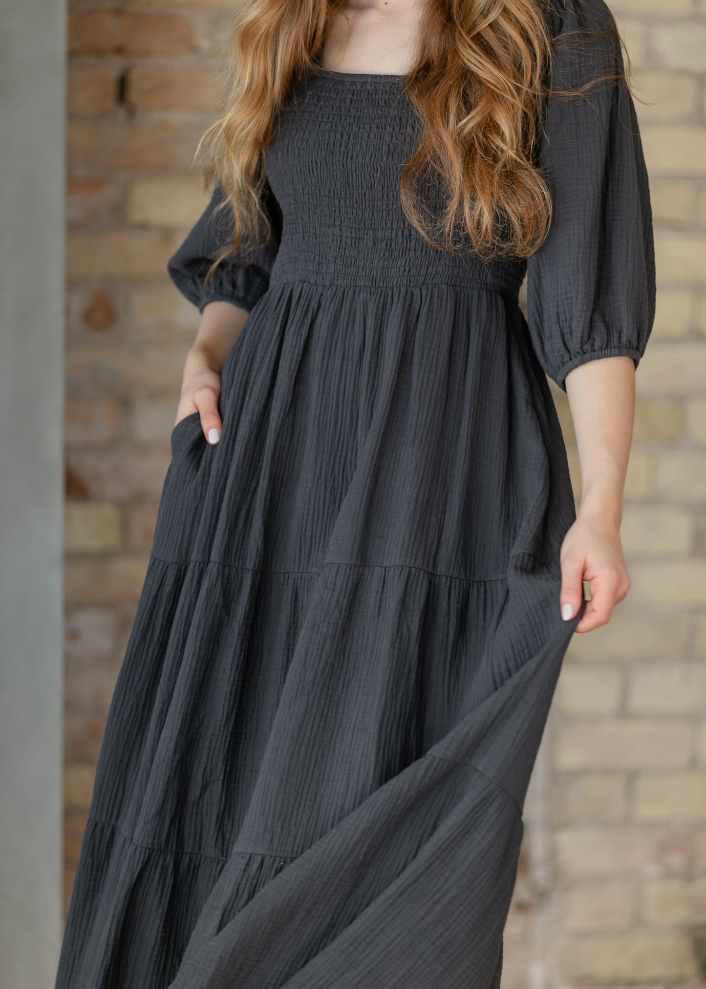 Kayleen Dusty Navy Smocked Bodice Gauze Dress IC Dresses