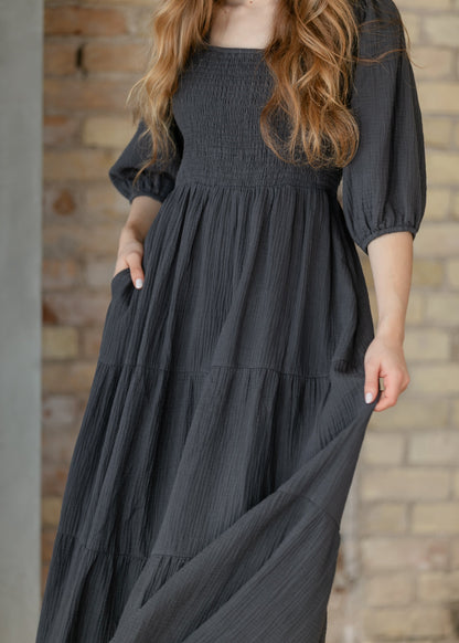 Kayleen Dusty Navy Smocked Bodice Gauze Dress IC Dresses