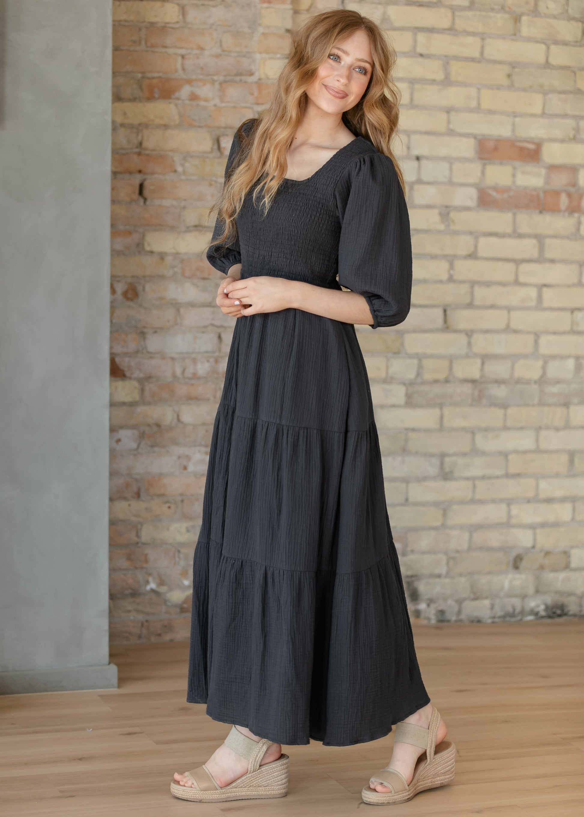 Kayleen Dusty Navy Smocked Bodice Gauze Dress XS